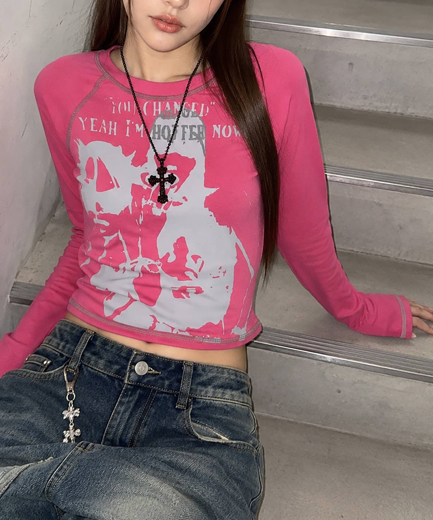 長袖Tシャツ/サングラスガールプリント