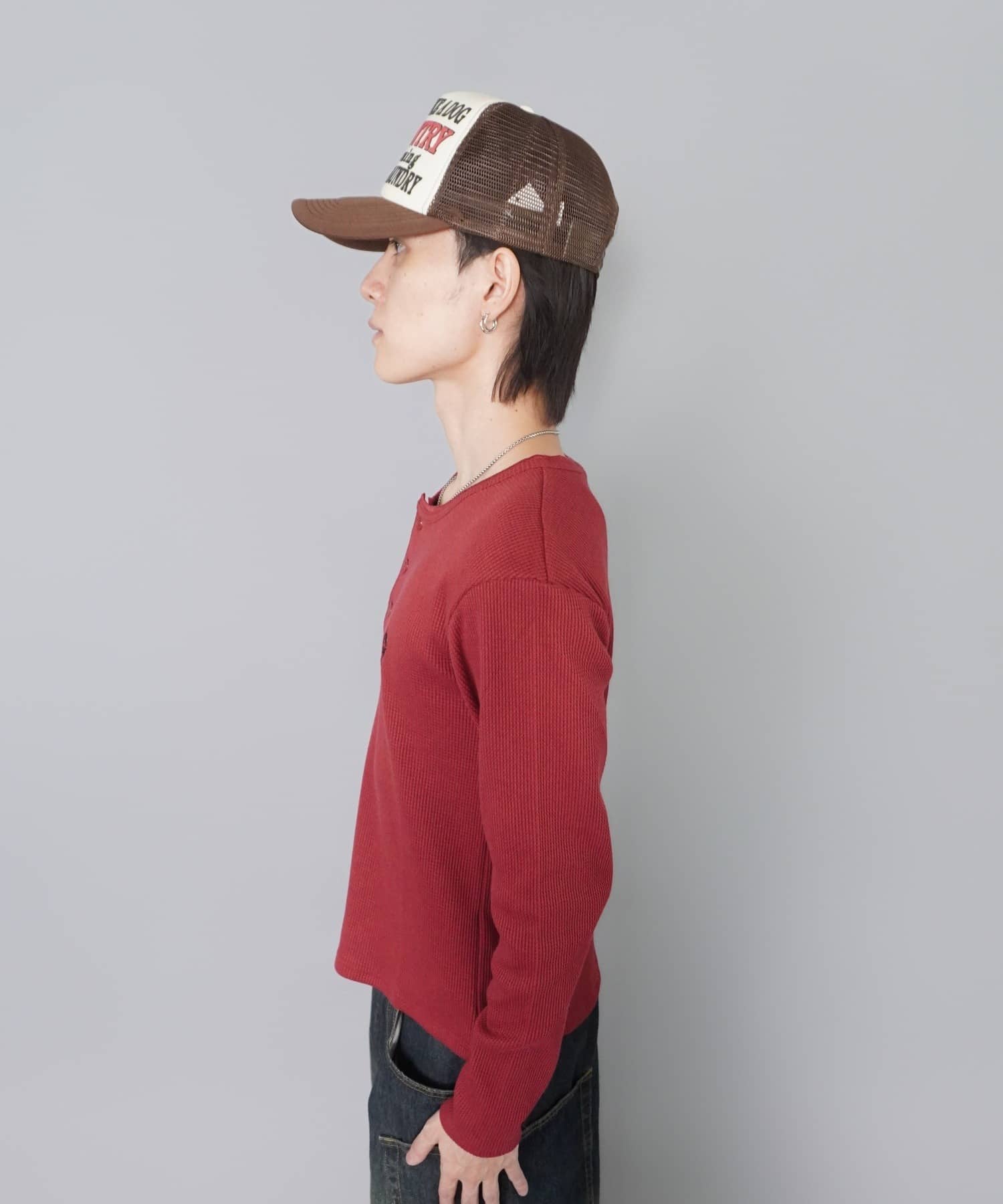 美品✨ダブルアールエル サーマル ワッフル ヘンリーネック カットソー 長袖 赤 短丈ワッフルヘンリーネック長袖Tシャツ/サーマル/ワンポイントロゴ