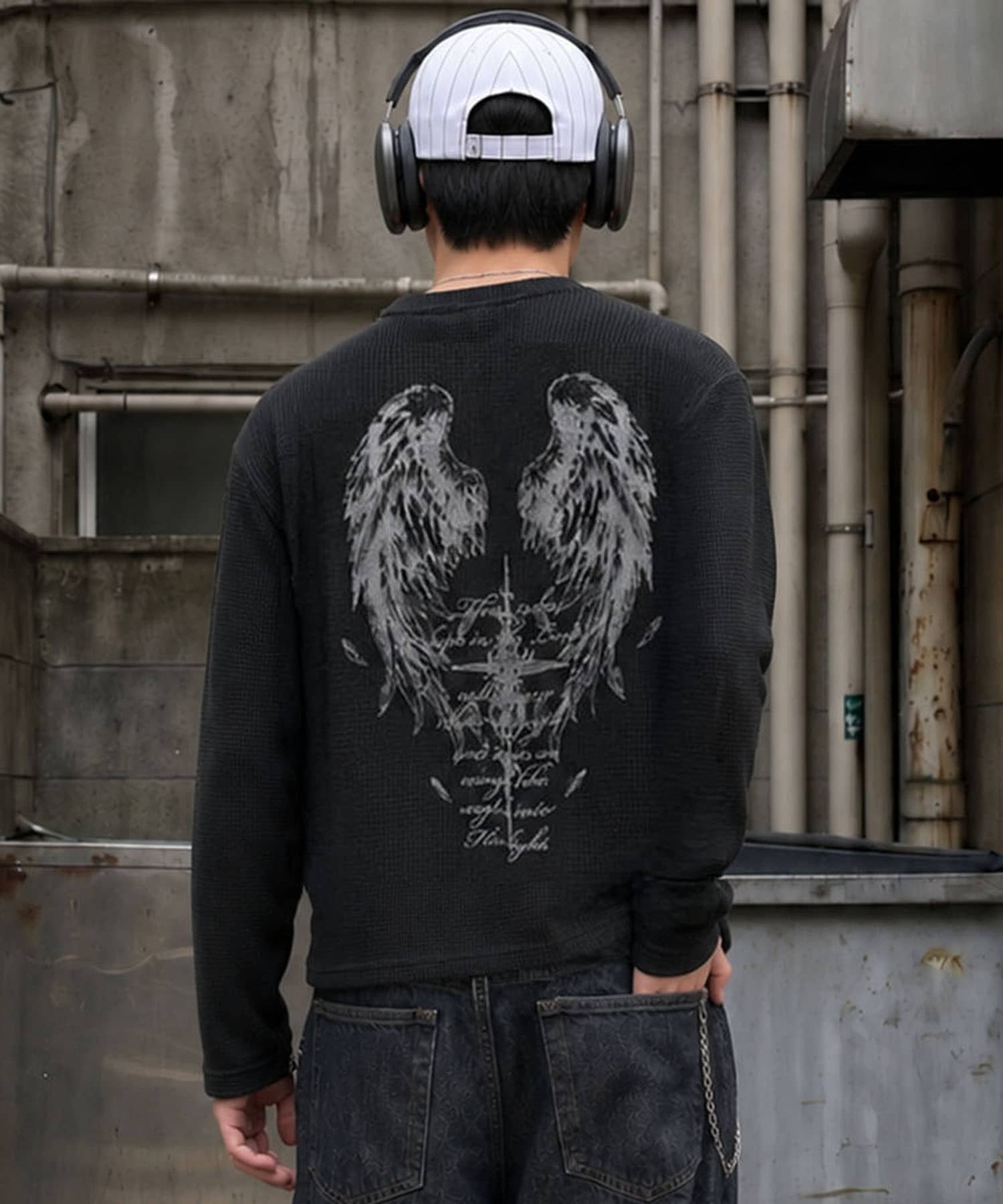 短丈ワッフルヘンリーネック長袖Tシャツ/サーマル/ダークアート