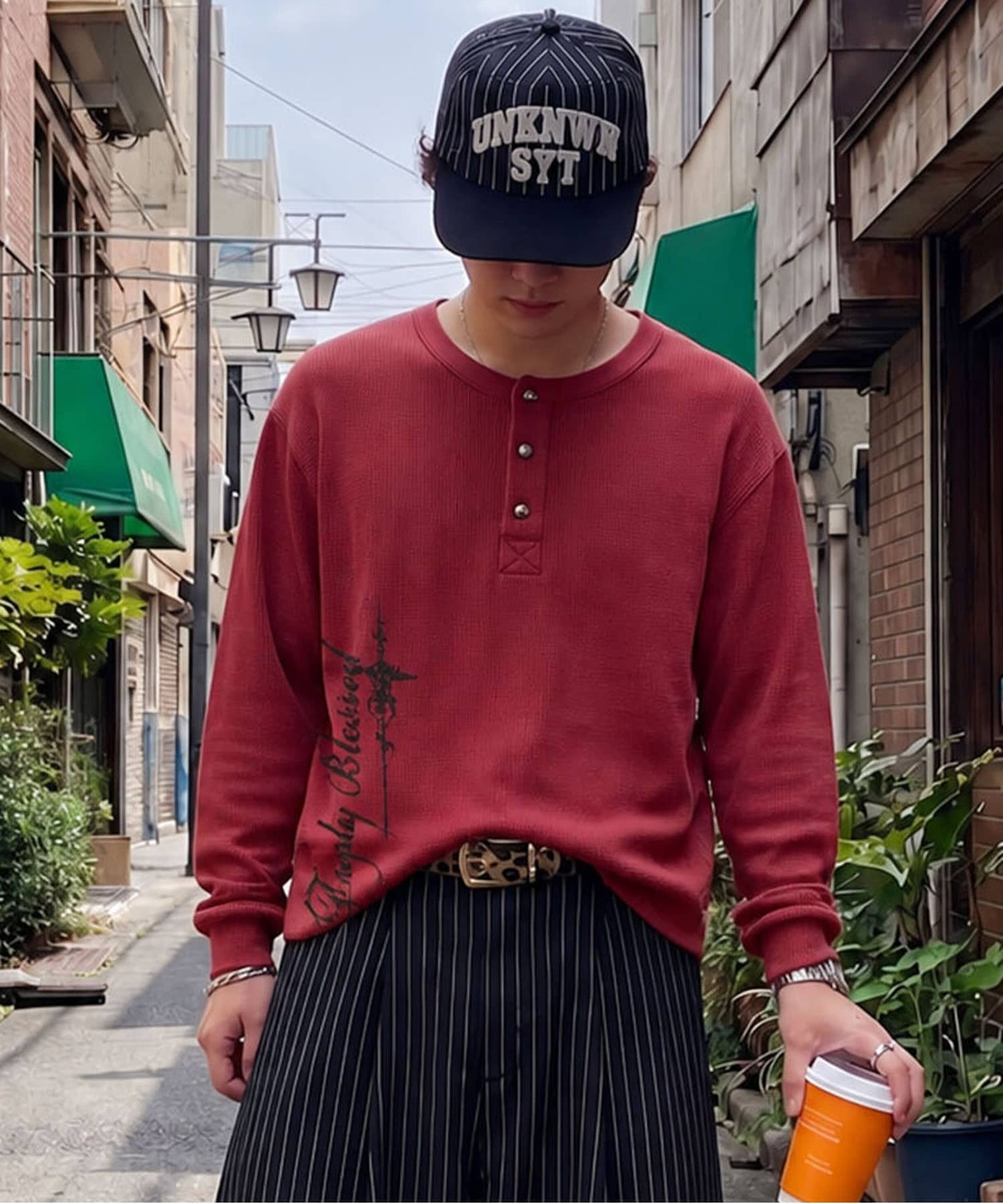 短丈ワッフルヘンリーネック長袖Tシャツ/サーマル/ダークアート