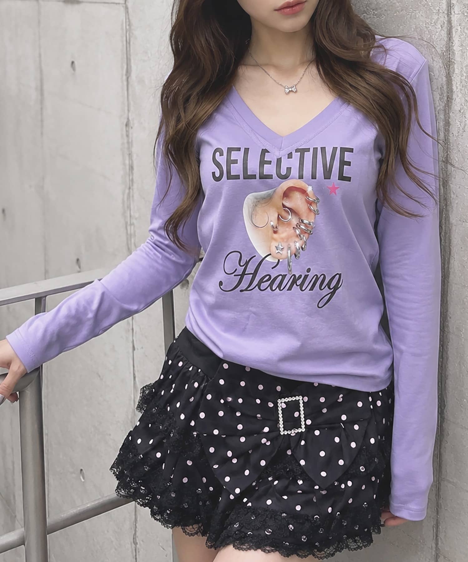CELINE 美品 トリオンフ スタッズ 長袖 Tシャツ ギャザー袖 紫 S Vネック長袖Tシャツ/カラフルガールフォト/全5色/#平成ギャル | SPINNS